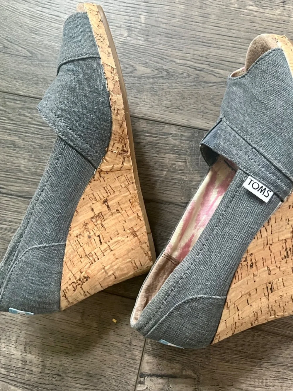 Tom’s wedge heels in denim with silver metallic fleck Size 7